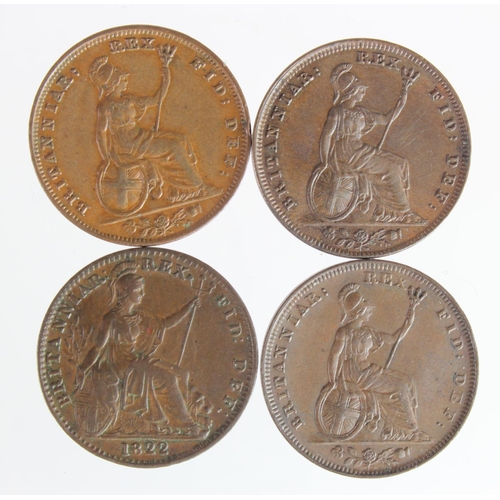 419 - GB Farthings (4): 1822 VF, 1827 nEF, 1835 up/up GVF hairlines, and 1837 GVF edge nick.