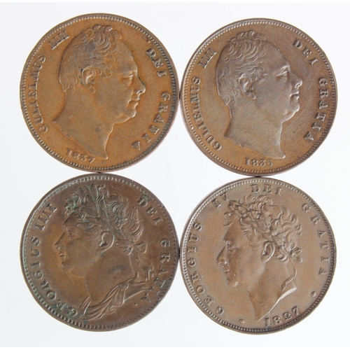 419 - GB Farthings (4): 1822 VF, 1827 nEF, 1835 up/up GVF hairlines, and 1837 GVF edge nick.