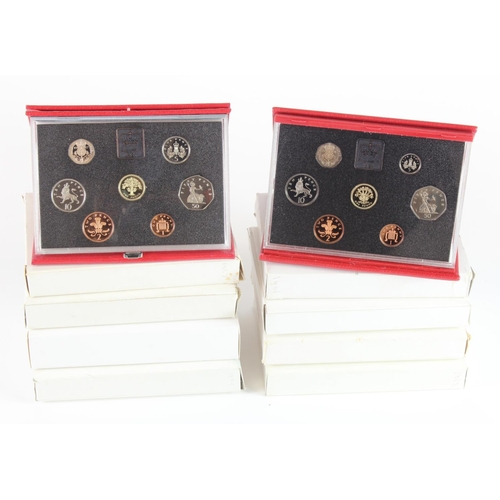 457 - GB Proof Sets (8) Deluxe Leather: 1985, 1987, 1988, 1989, 1991, 1994, 1995 and 2008, all these FDC e... 