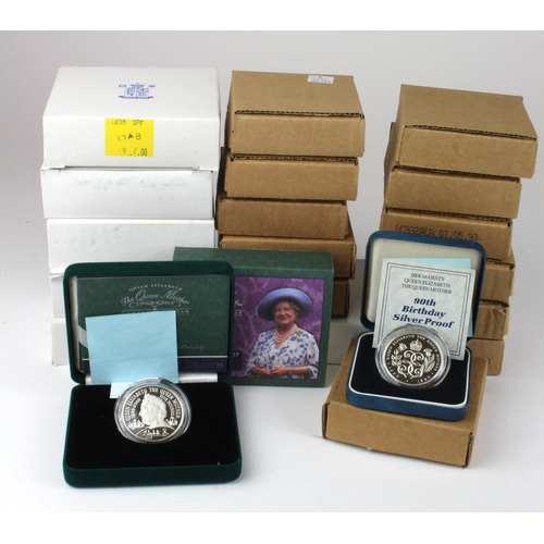 459 - GB Royal Mint cased silver proof £5 coins (18): 1990 x2, 1993 x2, 1996 x2, 1997 x2, 1998 x4, 2000 QM... 