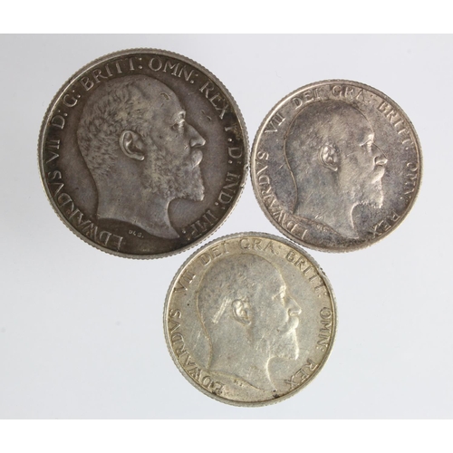 482 - GB Silver (3) Edward VII : Florin 1902 toned VF, Shilling 1903 VF edge nick, and Shilling 1906 GVF