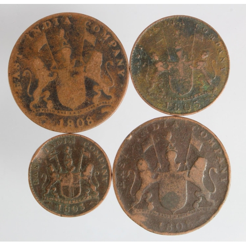 520 - India, East India Co. Madras Bronze Coins (4) 1803-1808, Fair-Fine.