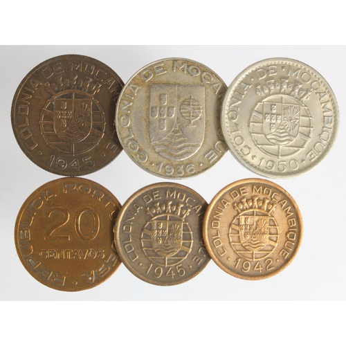 526 - Portuguese Mozambique (6) bronze and cupro-nickel coins 1936-1950 various, VF to GEF