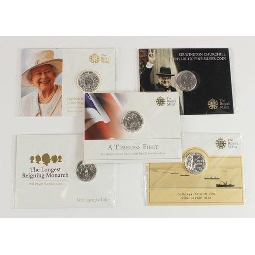 529 - Royal Mint silver '£20 Coins' (5): 2013, 2014, both types 2015, and 2016, BU sealed as issued.