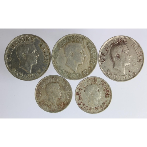 533 - Sarawak (5) Rajah C.V. Brooke cupro nickel coins: 10 Cents 1920H, 1927H, 1934H, and 5 Cents 1920H, a... 