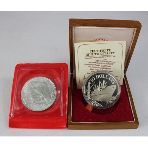 537 - Singapore (2) silver 10 Dollars: 1965-75 Anniversary proof FDC cased with cert, and 1977 BU in prese... 