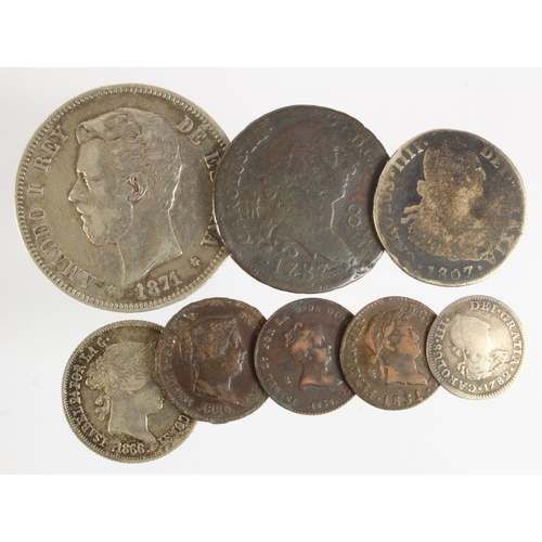 542 - Spain (8) assortment 18th-19thC silver and copper, mixed grade.