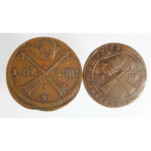 543 - Sweden (2) large copper 1 Ore's: 1629 (XXIX) VG, and 1684 nVF some marks and flaws.