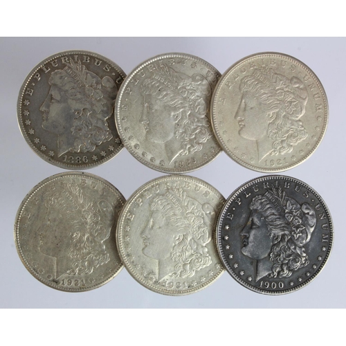 544 - USA Morgan Silver Dollars (6) 1886-1921, VF to EF