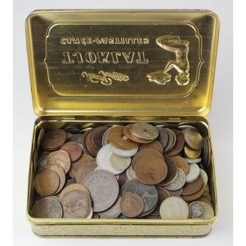 555 - World Coins, a small tin full of coins early to modern, silver noted.