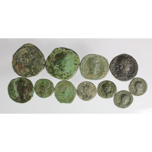 62 - Roman bronze coins (11): Faustina Junior, Fecunditas sestertius nF, Hadrian, Aegyptos as, porous nF,... 