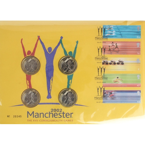 636 - Commonwealth games 2002 Two Pounds four coin set on a limited edition First Day Cover.