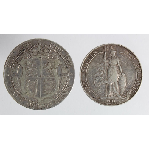 664 - Edward VII silver (2): Halfcrown 1903 Fine, scratch obv. and die flaw below date, and Florin 1903 GF... 