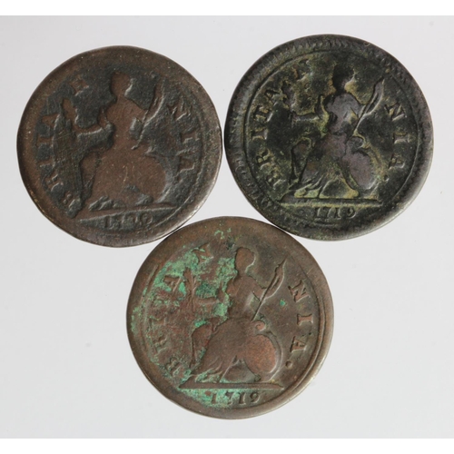 679 - Farthings (3) George I : 1719 x2 VG, F, and 1720 Fair.