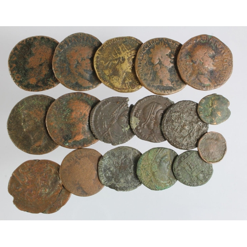 69 - Roman Empire bronzes 7 x Dupondii and ases, 5 x large late bronzes and 2 x small, plus 3 x various, ... 