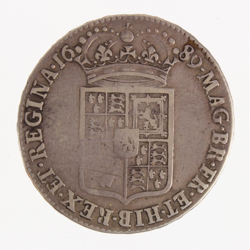 699 - Halfcrown 1689 Primo, 2nd shield, no frosting, no pearls, S.3435, Fine.