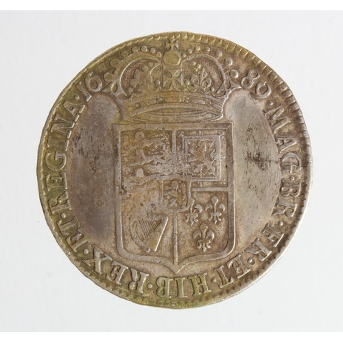 700 - Halfcrown 1689, 1st reverse, caul only frosted, with pearls, S.3434, cleaned GF