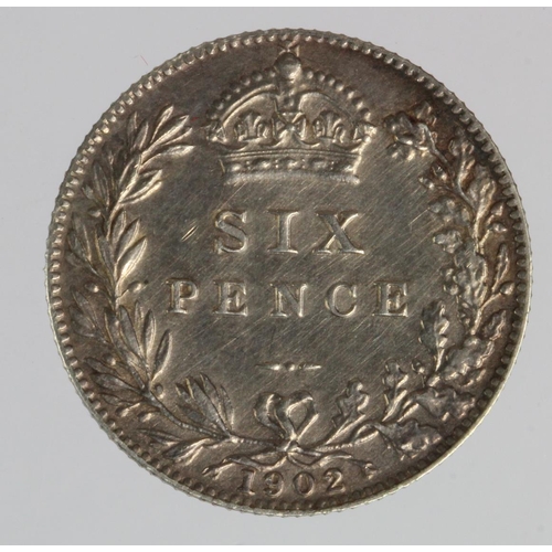 845 - Sixpence 1902 matte proof, toned EF, some scratches.