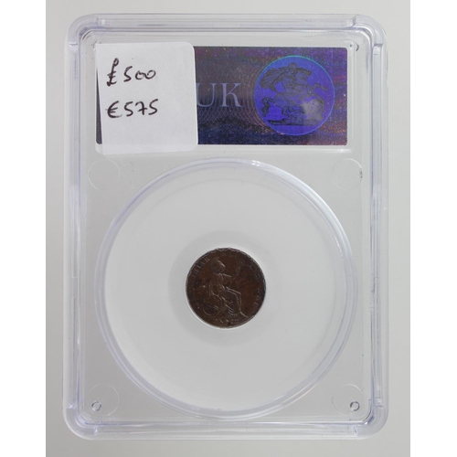 849 - Third Farthing 1844 Large G.S/sfs slabbed as CGS EF65