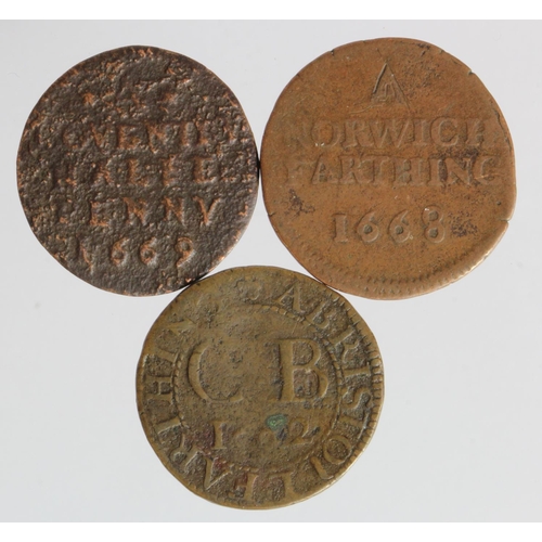 854 - Tokens, 17thC (3) North Farthing 1668 VG, Bristol Farthing 1662 Fair, and Coventry Halfpenny 1669 po... 