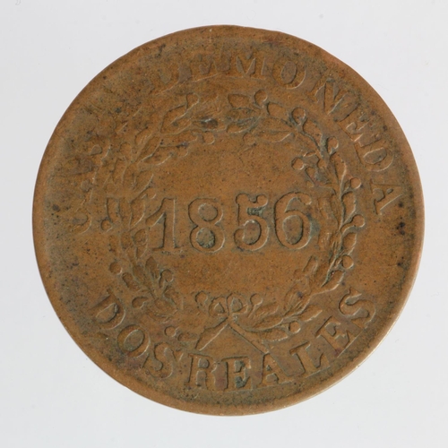 859 - Argentina, Buenos Aires copper 2 Reales 1856 Fine.