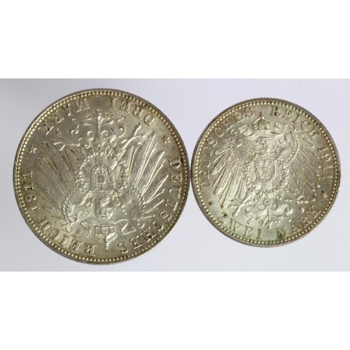 910 - Germany State Bavaria (2) commemorative silver 3 Mark 1911D EF, and similar 2 Mark 1911D EF