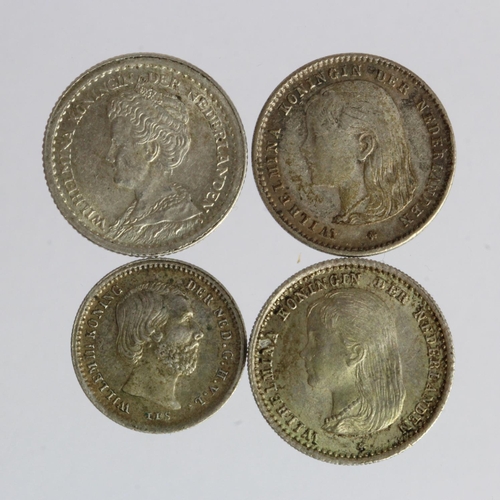 964 - Netherlands silver minors (4): 5 Cent 1869 EF, 10 Cents: 1892 EF, 1893 VF, and 1914 GEF