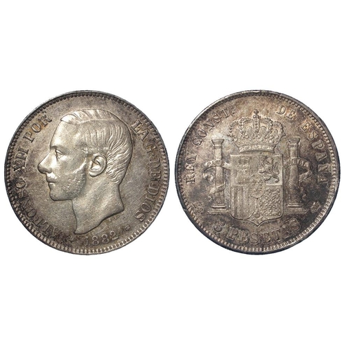 995 - Spain silver 5 Pesetas 1882 (81) MS-M, KM#688, EF, light edge knock.