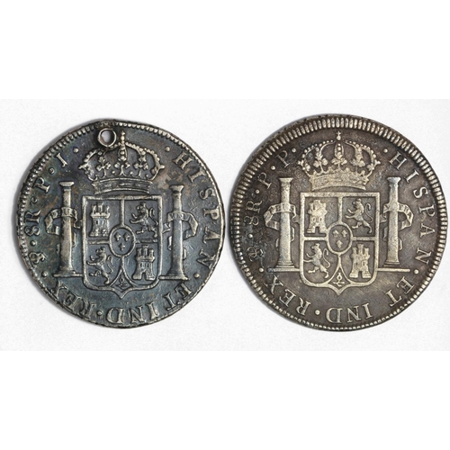 997 - Spanish Bolivia (2) silver 8 Reales: 1802 PTS PP KM# 73 porous GF, and 1808 PTS PJ VF holed.