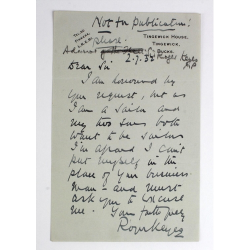 114 - Admiral Roger Keyes, (1872-1945), Autographed Letter signed, one page 2nd July 1932 probably to The ... 