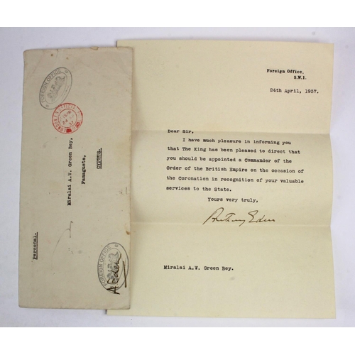 119 - Anthony Eden hand signed letter from the Foreign Office 24/4/1937. With Foreign Office envelope sent... 