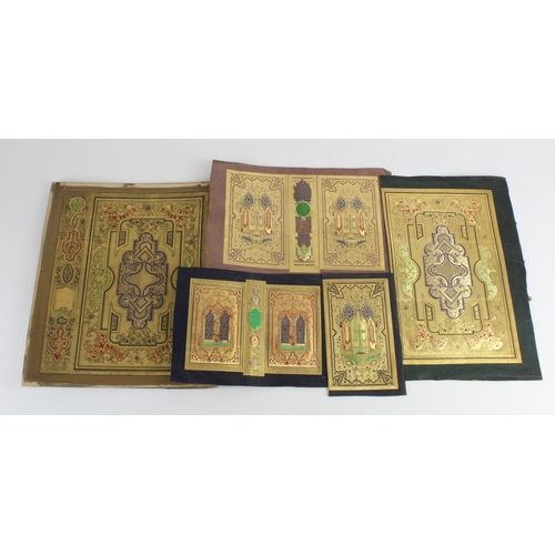 180 - Five ornately gilt decorated panels, each mounted on leather, circa late 19th century, possibly used... 