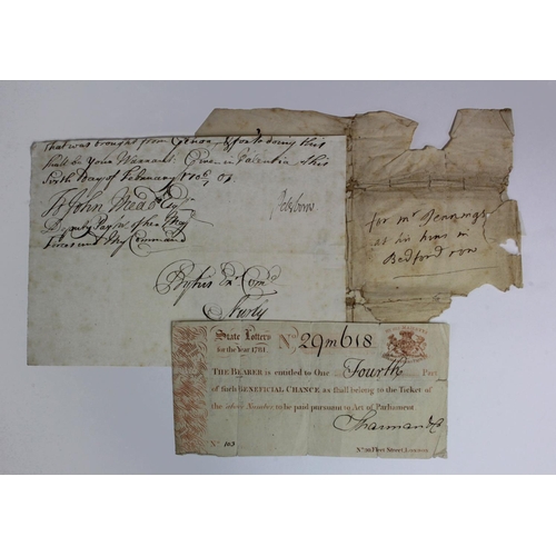 263 - State Lottery Ticket 1781, plus other early documents. (3)