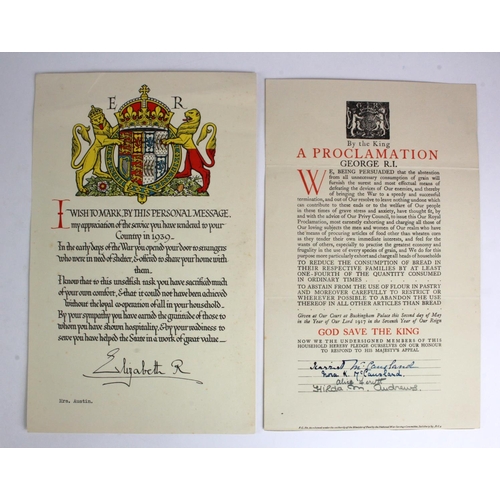 284 - WW1 Proclamation by KGV 'To Reduce the consumption of Bread' 1917. Plus QE2 Certificate to a Mrs Aus... 