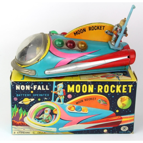 91 - Original Japanese battery operated tinplate non fall moon rocket, by Masudaya, with spaceman, contai... 