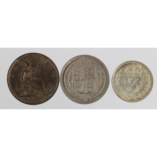 106 - Victorian (3): Sixpence 1887 Jubilee garter EF, Threepence 1887 Jubilee AU, and Farthing 1890 EF wit... 