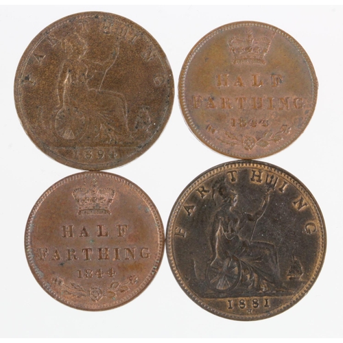 107 - Victorian Copper & Bronze (4): Half Farthing 1844 nEF die flaw, ditto EF; Farthing 1881H EF trace lu... 