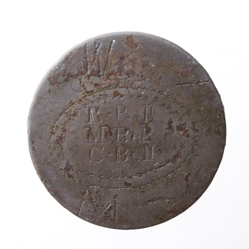 117 - Engraved copper, probably a George III 'cartwheel' penny, one side 'R.BELL' 'M.BELL' and 'C.BELL' wi... 