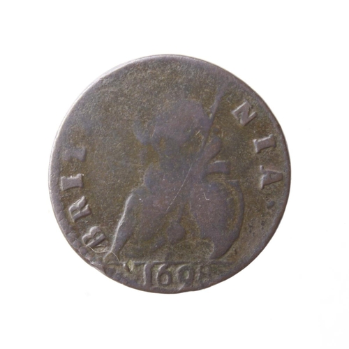 120 - Farthing 1698 date in exergue, rare date, S.3557, Fair, a few scratches.