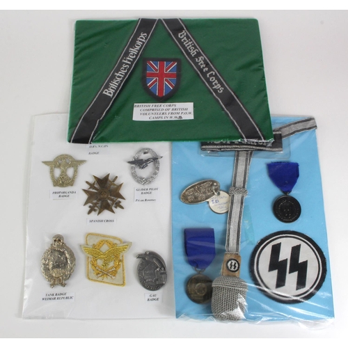 1203 - German badges, medal, various SS items, and British Free Corps items mounted on 3x boards. Note: ite... 