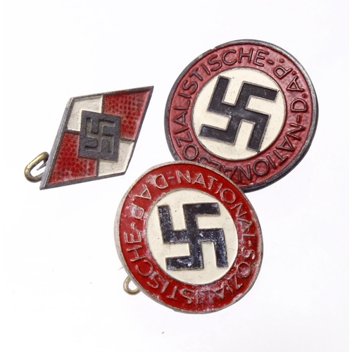 1213 - German DAP National Socialist party badges x2 with Hitler Youth Lapel badge.