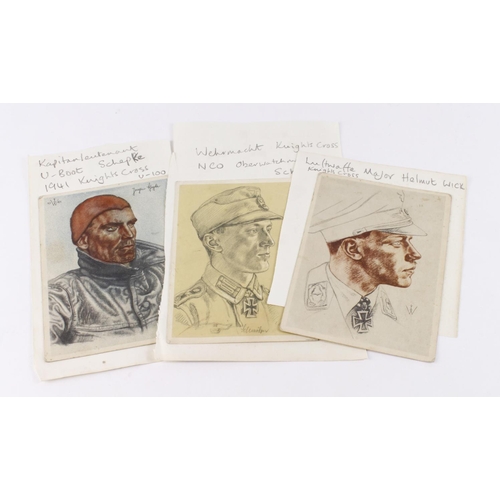 1228 - German Knights Cross portraits of Helmut Wick, Major in Luftwaffe and Army NCO Schmolzer plus Navy U... 