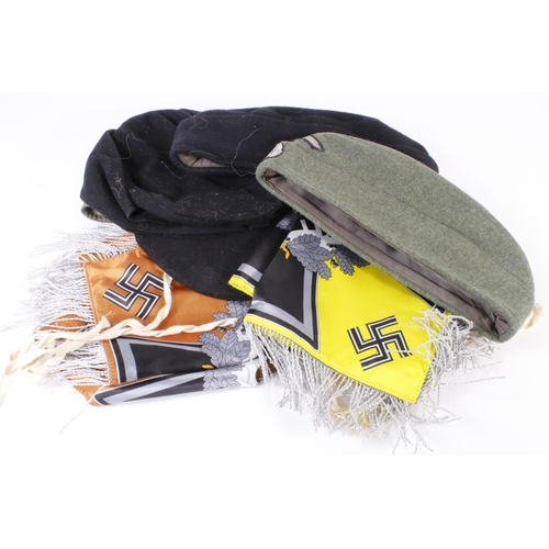 1313 - German WW2 trumpet banners x2, with 3x SS hats and one helmet camo cover. All good copies.