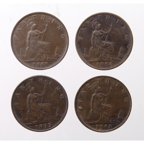 146 - Farthings (4): 1864 no serif EF, 1864 with serif GVF, 1865/2 VF scratches, and 1868 GVF