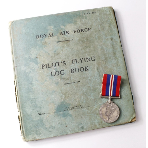 1488 - RAF WW2 Pilots log book to F/O J.V. Carter flying Tiger Moth, Harvard, Anson aircraft from 21.3.1945... 