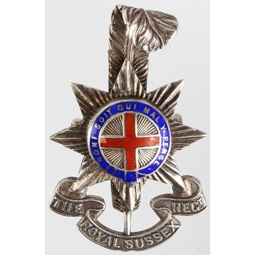 1515 - Royal Sussex Regt Officers cap badge, silver hallmarked 'JRC&S' Birmingham 1944, and enamel.