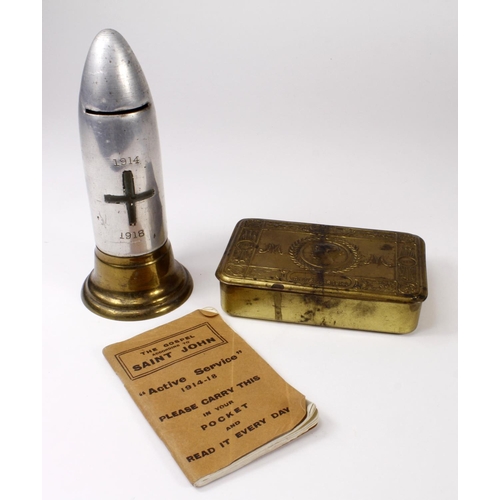 1624 - WW1 1914 -18 bullet shaped money box with 1914-18 Bible and 1914 brass Princess Marys gift tin.