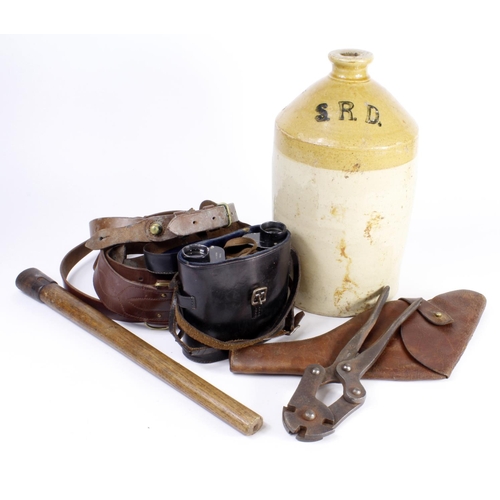 1639 - WW1 Equipment including SRD jar, binoculars in case, wire cutters, Sam Brown holster etc. (Buyer col... 