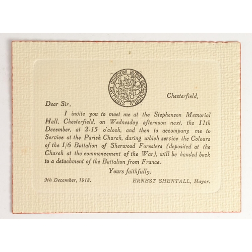 1648 - WW1 interest - 9th Dec 1918 invite to Stephenson Memorial Hall, Chesterfield on 11th Dec. Hand over ... 