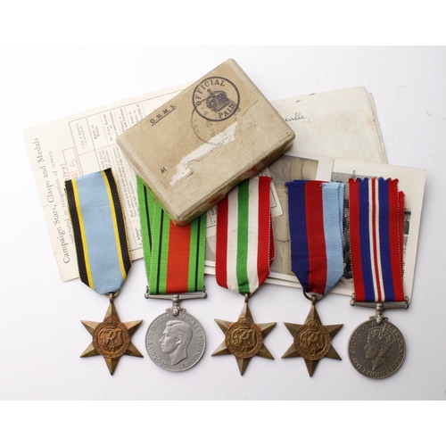 1677 - WW2 group - 1939-45 Star, Italy Star, Air Crew Europe Star, Defence & War Medals. Two postcards, one... 